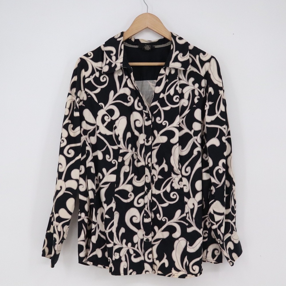 Lane Bryant Button-Down Womens 22 Black White Scroll Print Stretch Excellent